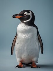 A Penguin bird is sitting on a blue background. AI generated image