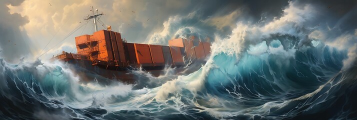 A cargo ship sailing through rough seas