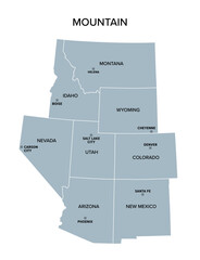 Mountain states, gray political map. United States Census division of the West region, consisting of the states Arizona, Colorado, Idaho, Montana, Nevada, New Mexico, Utah, and Wyoming. Illustration
