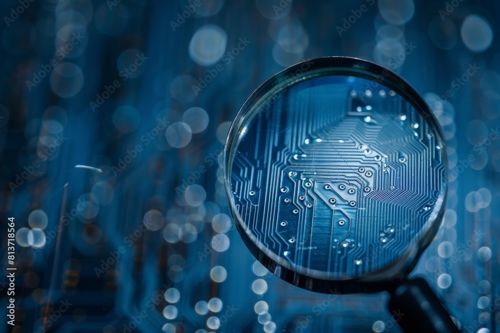 Poster detailed view of computer microchips magnified by a lens with ample space for text placement