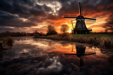 Breathtaking view of a traditional windmill against a fiery sunset sky, reflecting in a tranquil waterbody