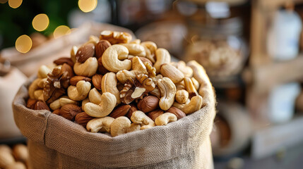 Mix of nuts in an eco bag, burlap sack on a blurred background