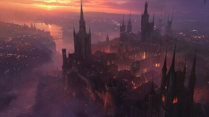Fototapeta premium medieval charm fantasy lanscape at dusk, with the city lights twinkling like stars. The iconic spires and towers stand tall against the vibrant sunset 