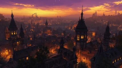 medieval charm fantasy lanscape at dusk, with the city lights twinkling like stars. The iconic spires and towers stand tall against the vibrant sunset 