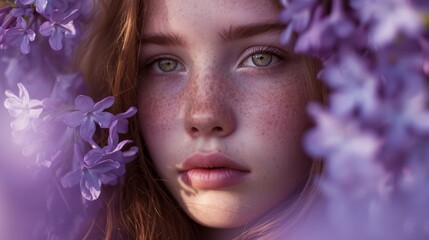 Obraz premium Beautiful girl with a cascade of chestnut curls, standing among the blooming jacaranda trees in Pretoria. Her hazel eyes reflect the purple blossoms, creating a harmonious connection with nature.