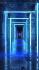 Obraz premium Cement Concrete Sci Fi Futuristic Cyber Neon Electric Laser Lights Glowing Blue Tunnel Corridor Hallway Pillars Dark Background Spaceship Underground 3D Rendering Illustration