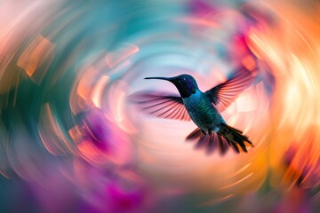 split-second formation of a hummingbird in flight, its wings creating delicate trails of vibrant colors against a twilight sky. Inspired by the fleeting moments in nature