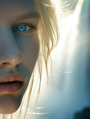 platinum blonde girl with piercing blue eyes, framed by the cascading waters of the Iguazu Falls. The misty atmosphere and the play of light create an ethereal quality