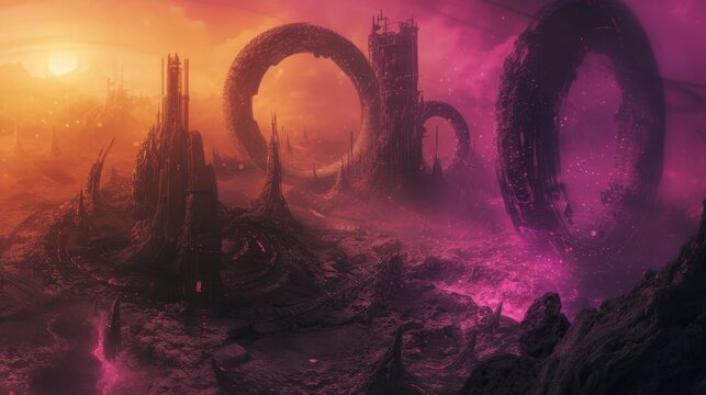 lich queen power as tendrils of dark energy extending from her hands, shaping the world around her. The landscape transforms into a surreal mix of technology and ancient ruins.