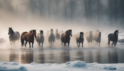A wild herd of natural horses crossing the snowy river, foggy weather 

