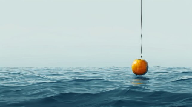 A minimalist image featuring a sophisticated fishhook delicately dangling a pixelated, golden apple just above the water's surface. Subtle shadows play on the calm waves, symbolizing the tempting