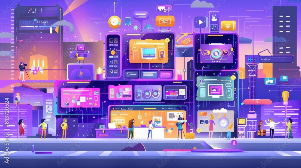 Poster digital interfaces, computer software, and team of mobile and web app developers. modern flat illust