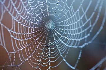 A macro, interplay of water droplets on a spider's web, resembling a fine lace veil. The background is intentionally blurred, emphasizing the intricate details of the web.