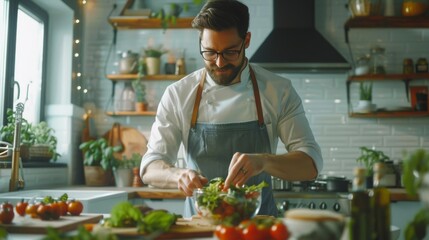 Stylish Man in White Shirt and Apron Making an Organic Salad Meal in Modern Sunny Kitchen. Hipster Man in Glasses Cooking. Health Care Concept.