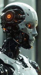 Fototapeta premium Sophisticated android with human-like features, engaging in meaningful dialogue with younger generation 3D Render, Spotlight Lighting, Chromatic Aberration