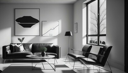 Modern minimalist living room inspired by the 60s, created with generative AI
