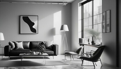 Modern minimalist living room inspired by the 60s, created with generative AI
