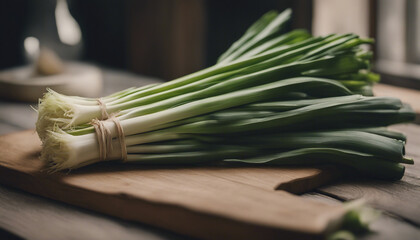 Bunch of freshly picked leeks standing on wooden table.
