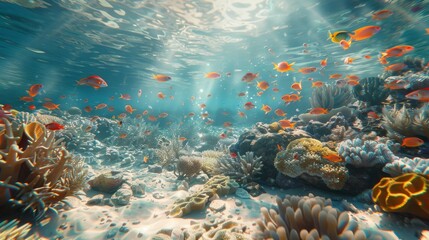 A beautiful underwater scene with a large number of fish swimming around