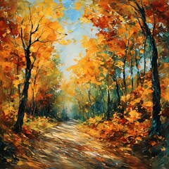 AI generated illustration of a painting on canvas titled autumn trees and road in park