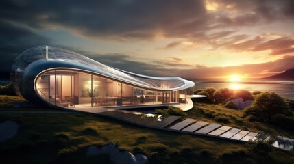 Illustration of solar energy and sustainable technology, with a sunrise background of mountains and lakes