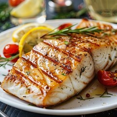 Grilled fish fillet on plate with white wine, elegantly served in a restaurant setting