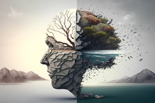 Human nature unity. Eco awareness. human portrait merged with trees and plants.