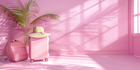 Monochrome Coral Pink window ,Plant With Sunshade Shadow In 3d Render Background