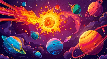 A planet with satellites appears in outer space against a background of exploding stars and glowing nebulas. Galaxy, cosmos, universe futuristic fantasy for 2D animation. Modern illustration.