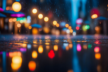 Raining day in a vibrant cityscape. Abstract dark night city photo with shiny wet urban road and blurred lights on a background