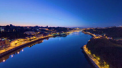 Aerial view before sunrise at the most emblematic area of Douro river timelapse.