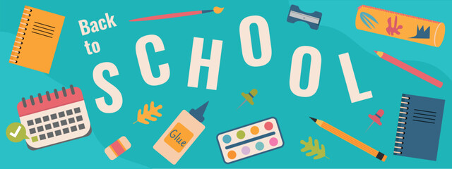 Back to school horizontal poster or web banner. Vector illustration.