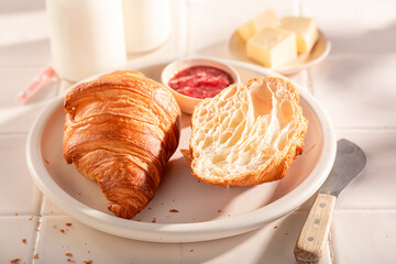 Hot and golden french croissants made of puff pastry.
