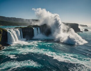 A spectacular waterfall cascading directly into the ocean, sending plumes of mist into the air as it meets the crashing waves - Powered by Adobe