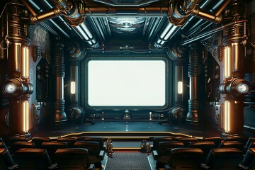 Dark noir 50s low color style art deco horroristic dieselpunk sci-fi theater screening room with glowing white screen
