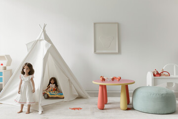 kid room, White children playroom with tent, doll, and table. Step into a world of imagination and wonder in this charming white children playroom