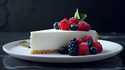  A sumptuous slice of vanilla cheesecake topped with fresh berries, a picture-perfect dessert masterpiece. 
