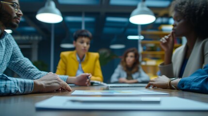 Team of diverse multi-ethnic professionals in the modern office conference room discussing plans and strategy. Close-up on hands.