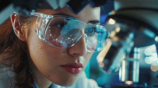 Woman microbiologist working on molecular samples in a modern laboratory with technological equipment. Macro close-up shot of a beautiful female scientist looking into the microscope.