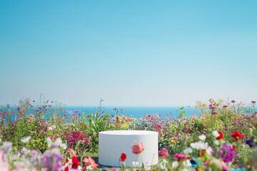podium with flowers, White podium in field of flowers for product presentation behind is a view of the blue sky