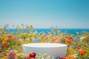 flowers on the beach, White podium in field of flowers for product presentation behind is a view of the blue sky