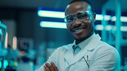 Obraz premium An attractive young scientist wearing a white coat and safety glasses poses and smiles at the camera while crossing his arms.. Various specialists stand in the background. Medium portrait shot.