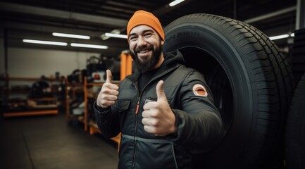 Smiling Car mechanic showing thumbs up with car tire. Repair or maintenance auto service.