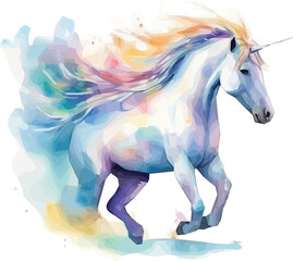 AI generated illustration of a watercolor painting of a unicorn with a stunning flowing mane