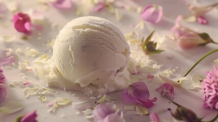  A pristine white scoop of vanilla bean ice cream surrounded by delicate flower petals, a vision of culinary artistry. 
