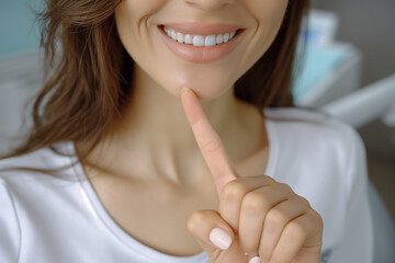 person with finger on lips, Woman points finger to showing healthy gums. With a gesture of pride, a woman directs attention to her healthy gums, a testament to her dedication to dental care