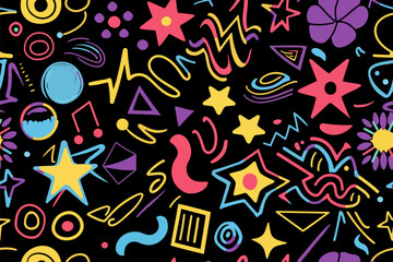  Fun shapes children seamless pattern. Flower geometric neon bright color funky groovy 90s cartoon isolated print pattern. Vector illustration on black background