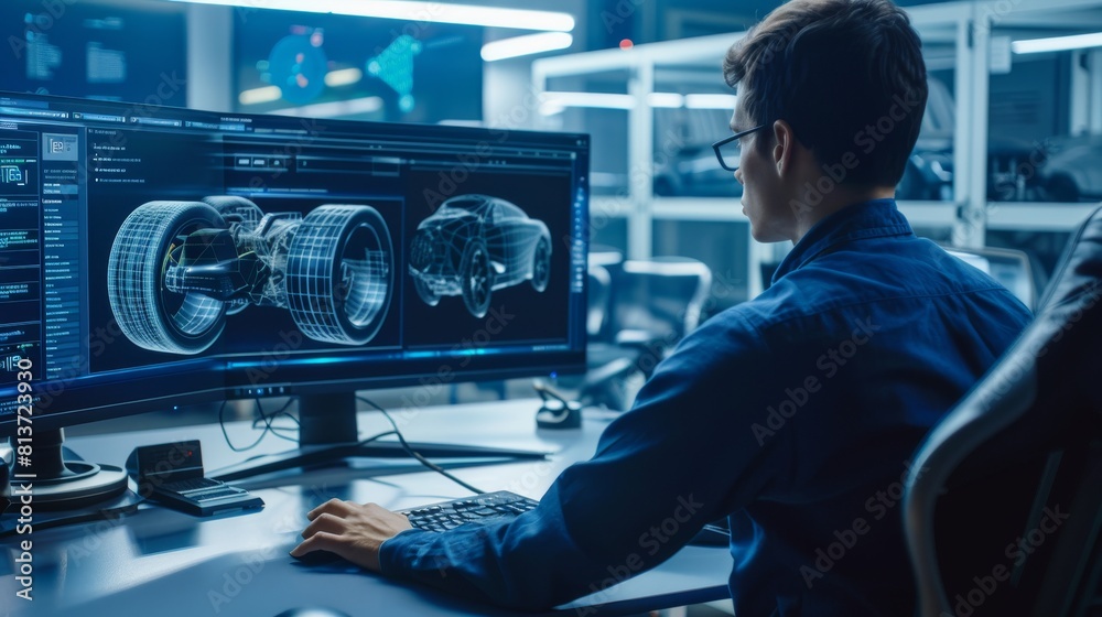 Poster an industrial engineer solves problems on a personal computer, two monitors show cad software and a 