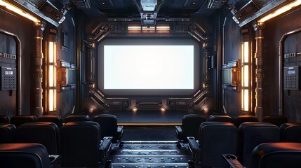 Futuristic victorian interior hall with a cinema screen and glowing white lights