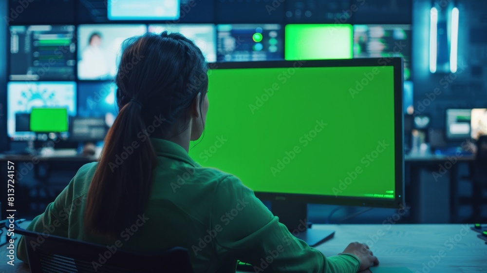 Poster monitoring office with green screen mock-up on computer display. big data scientists and managers si